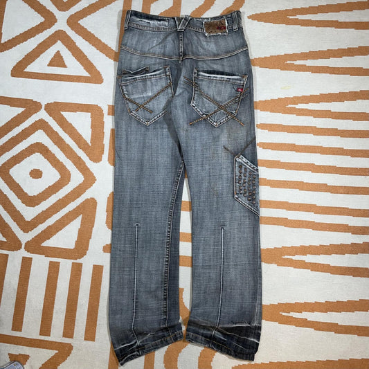 Quiksilver 00s Embroidered/Studded Loose Grey Jeans 30x34