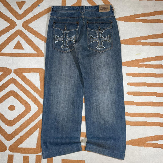 Kenafss 00s Embroidered ‘Cross’ Baggy Jeans 34x31