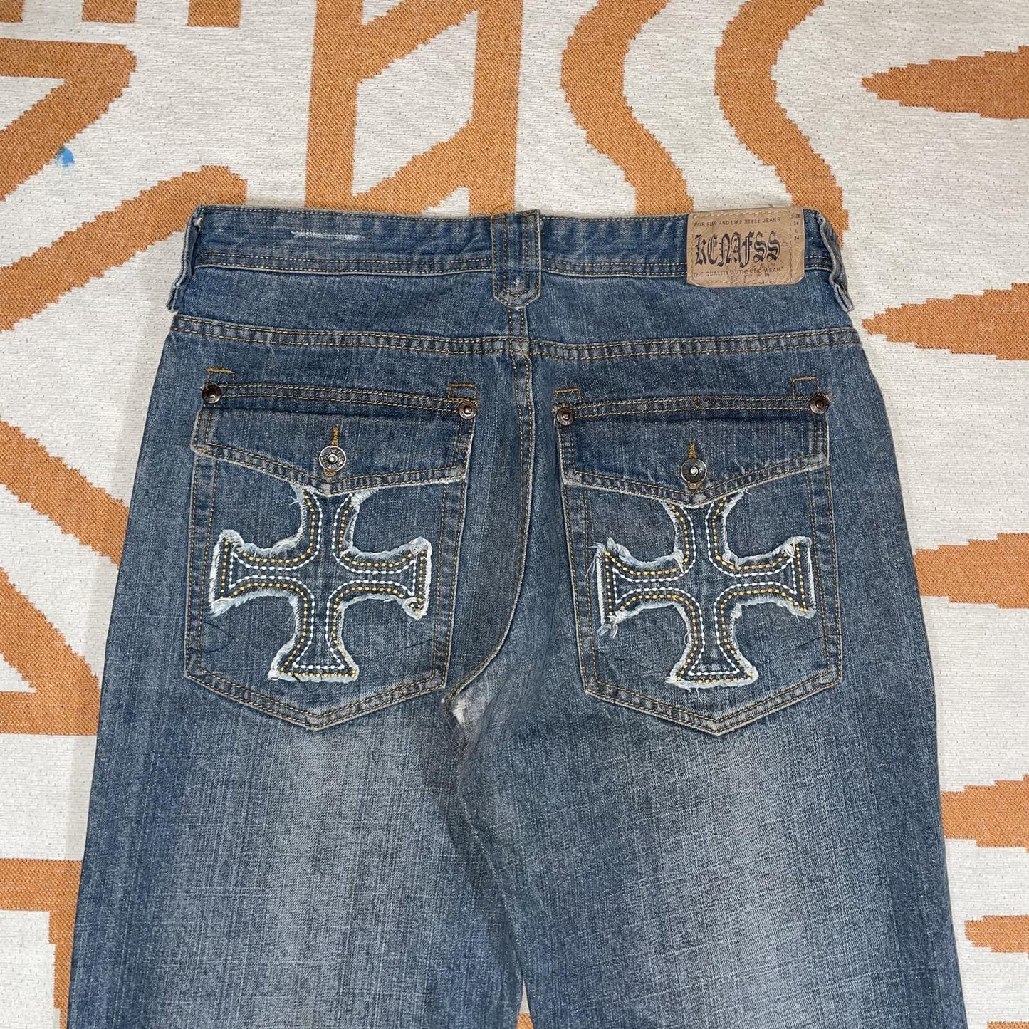 Kenafss 00s Embroidered ‘Cross’ Baggy Jeans 34x31