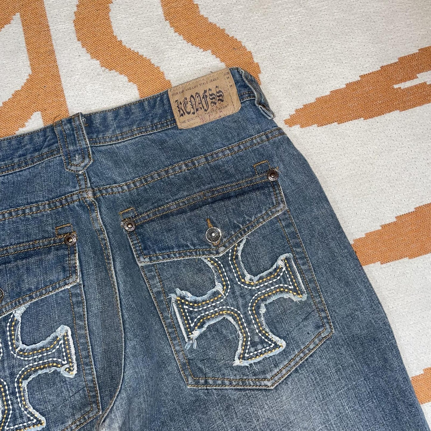 Kenafss 00s Embroidered ‘Cross’ Baggy Jeans 34x31