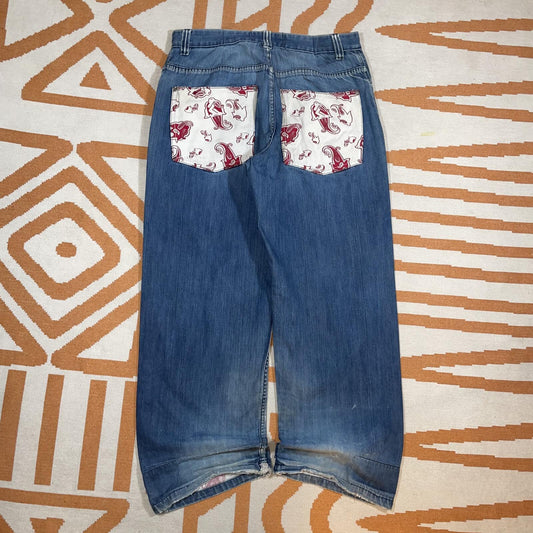 Karl Kani 00s Embroidered Paisley-Pattern Baggy Denim Jeans 36x32