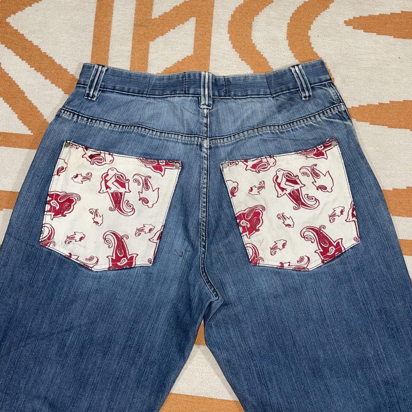 Karl Kani 00s Embroidered Paisley-Pattern Baggy Denim Jeans 36x32