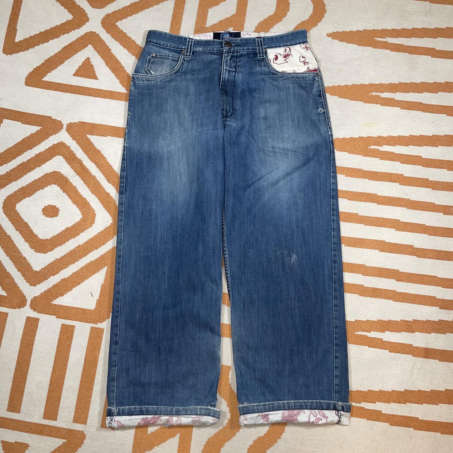 Karl Kani 00s Embroidered Paisley-Pattern Baggy Denim Jeans 36x32
