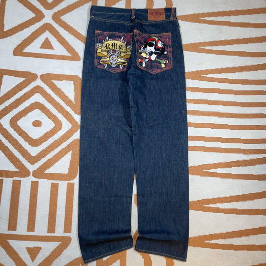 RMC 00s Embroidered Japanese ‘Crossbones’ Black Baggy Jeans 36x38