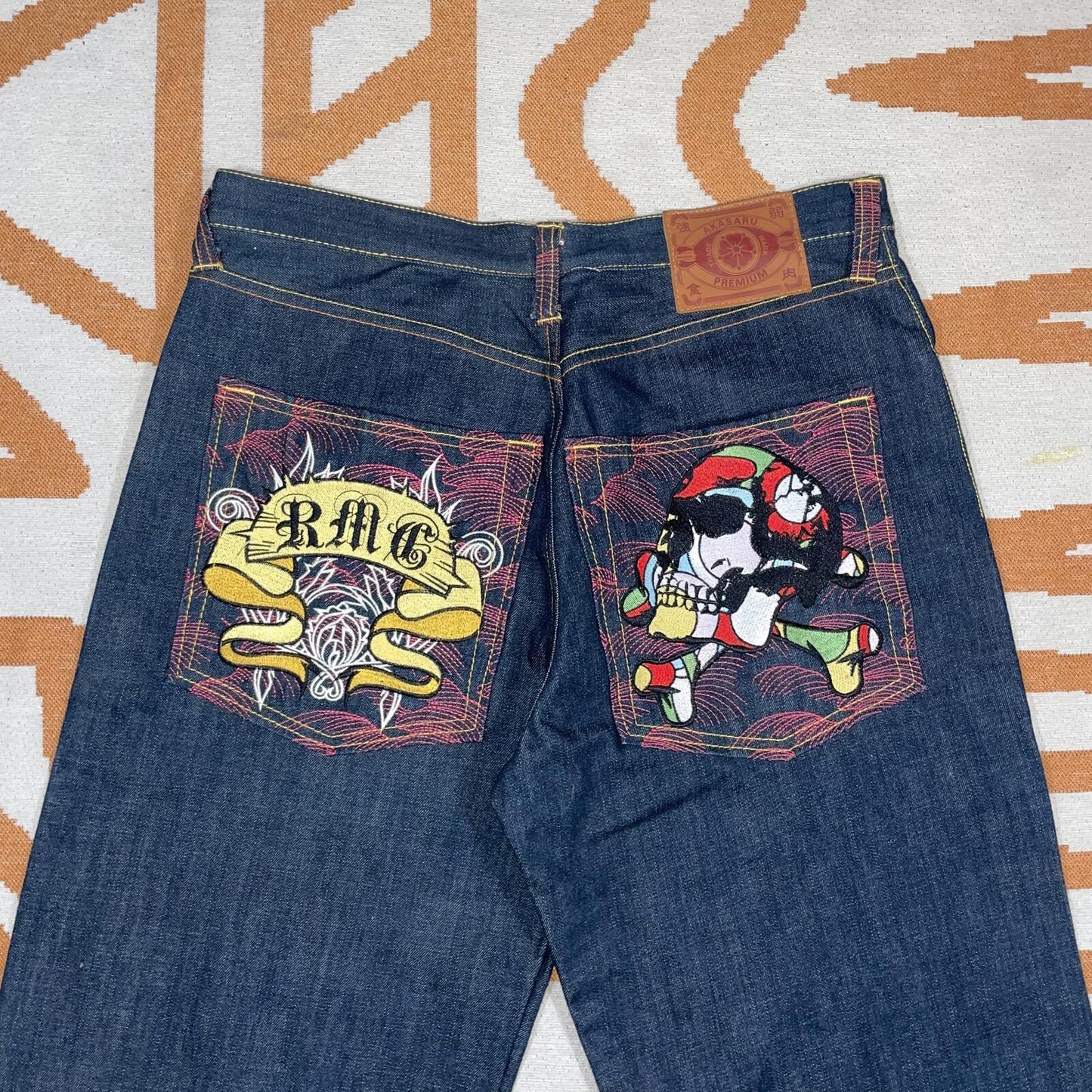 RMC 00s Embroidered Japanese ‘Crossbones’ Black Baggy Jeans 36x38