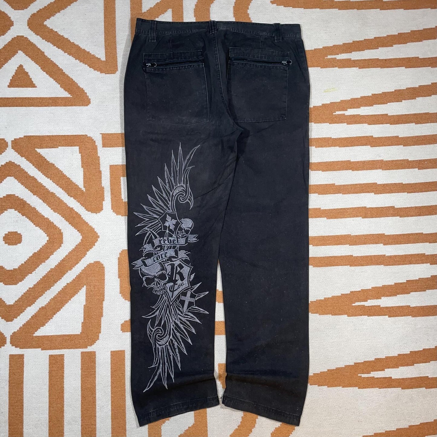 Rainbow 00s Embroidered ‘Rebel’ Loose Black Trousers 34x31