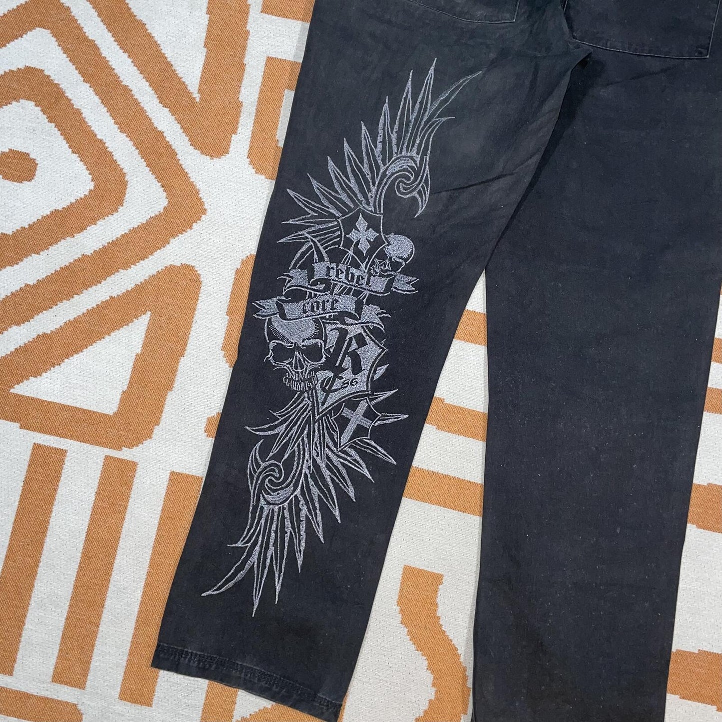 Rainbow 00s Embroidered ‘Rebel’ Loose Black Trousers 34x31