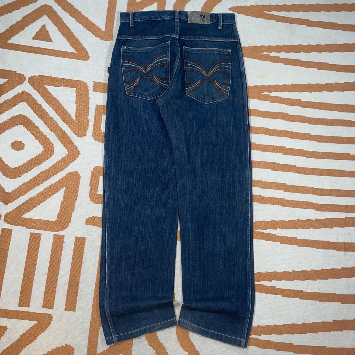 Raw Blue 00s Embroidered ‘Tribal’ Loose Denim Jeans 32x34