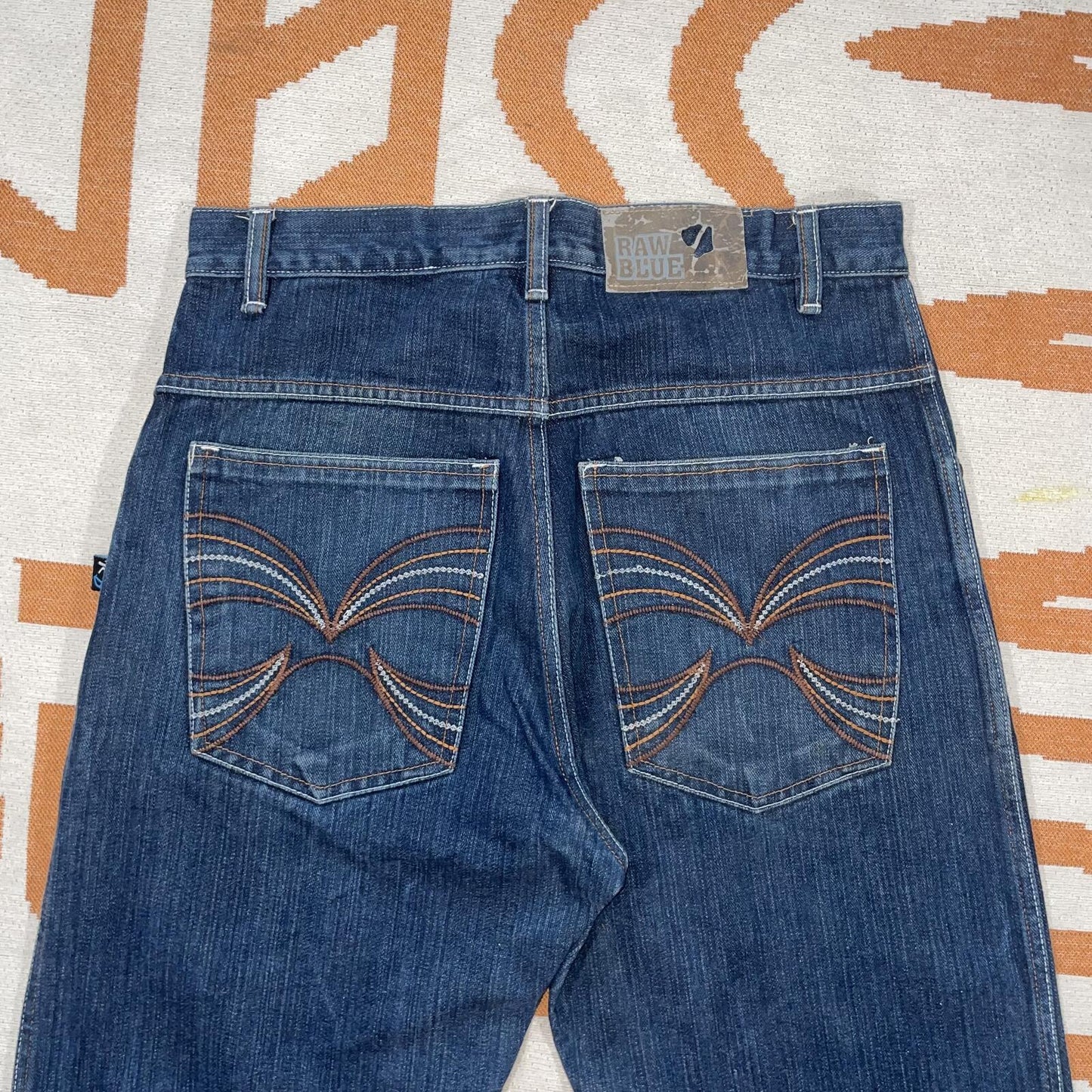 Raw Blue 00s Embroidered ‘Tribal’ Loose Denim Jeans 32x34