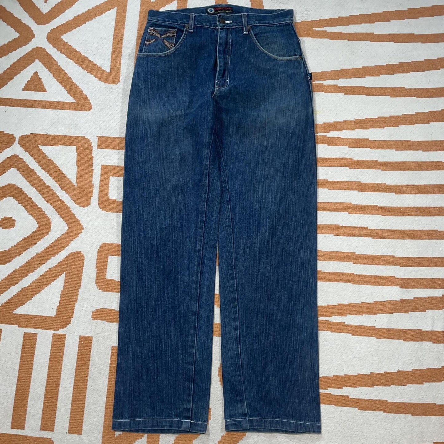 Raw Blue 00s Embroidered ‘Tribal’ Loose Denim Jeans 32x34