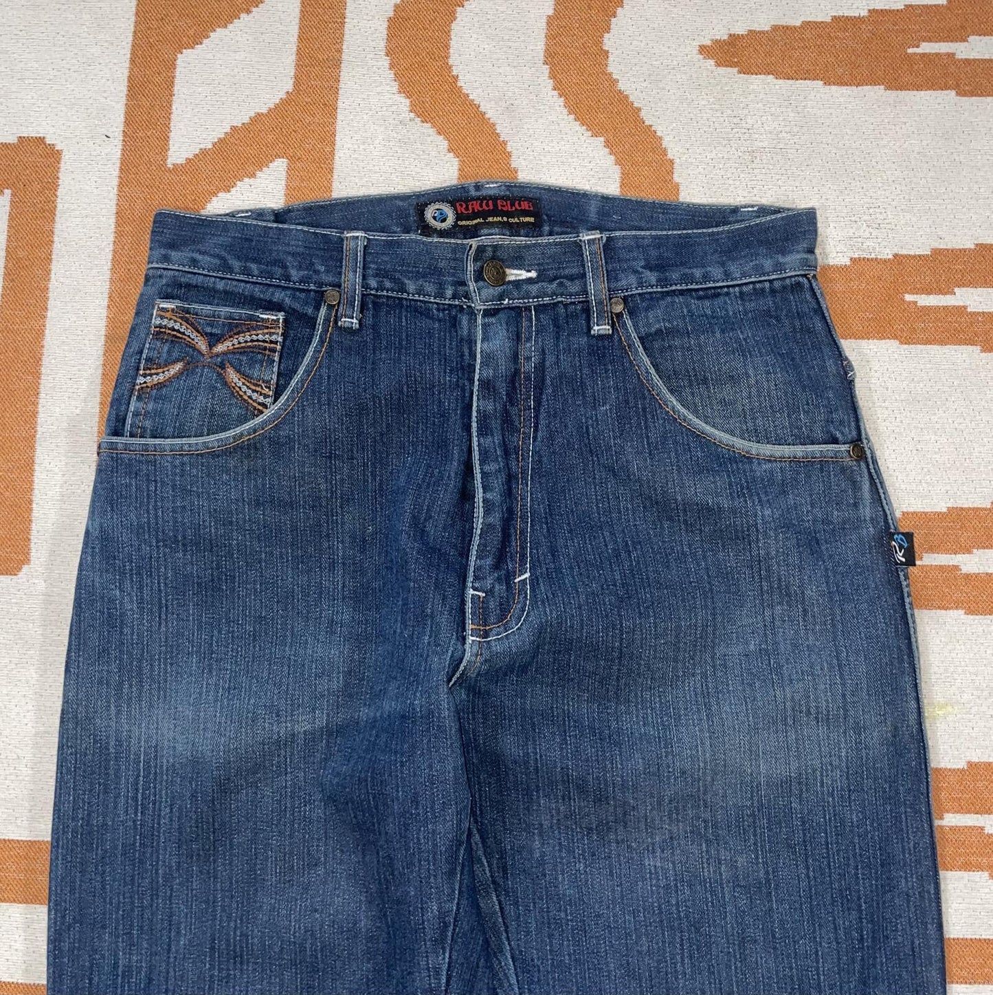 Raw Blue 00s Embroidered ‘Tribal’ Loose Denim Jeans 32x34