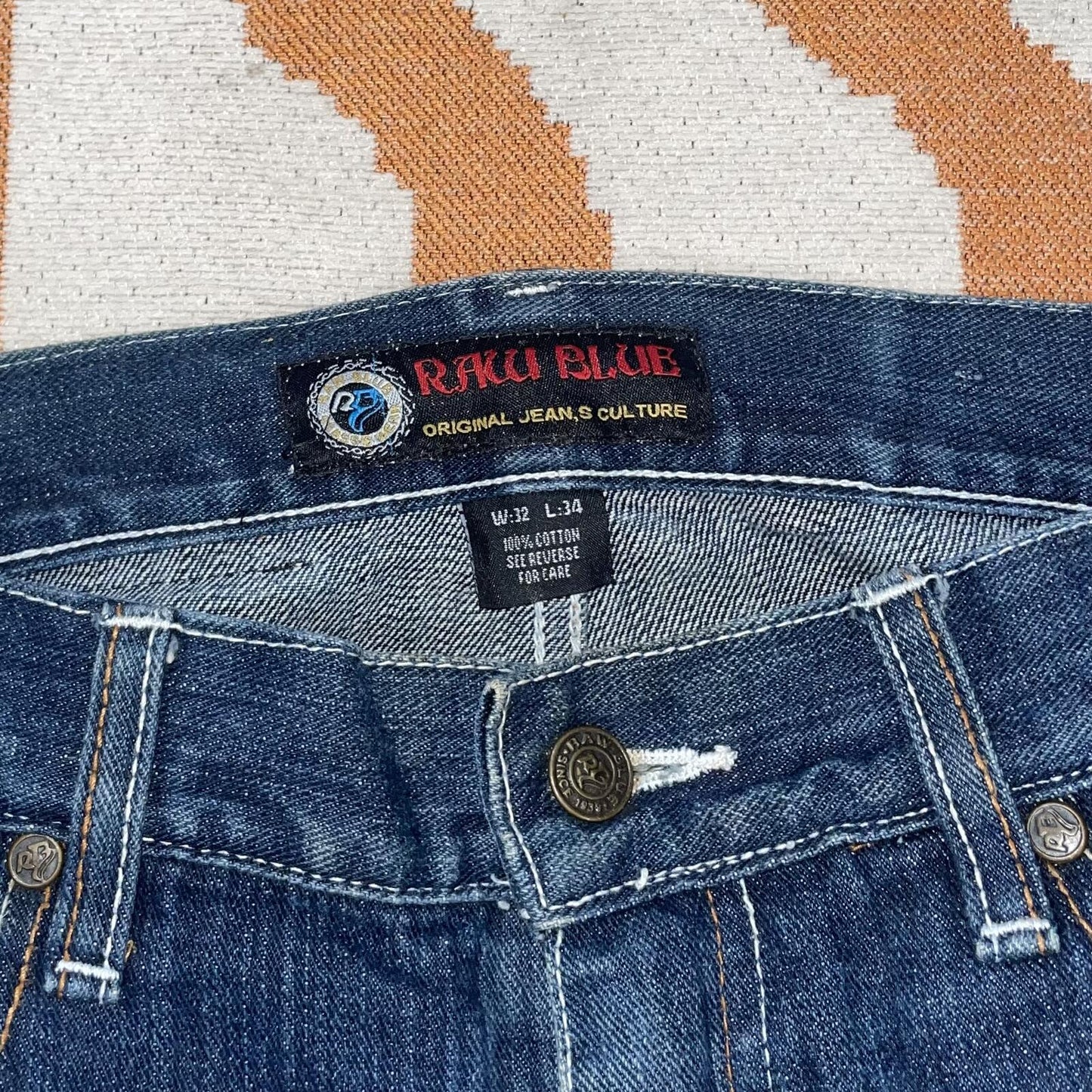 Raw Blue 00s Embroidered ‘Tribal’ Loose Denim Jeans 32x34