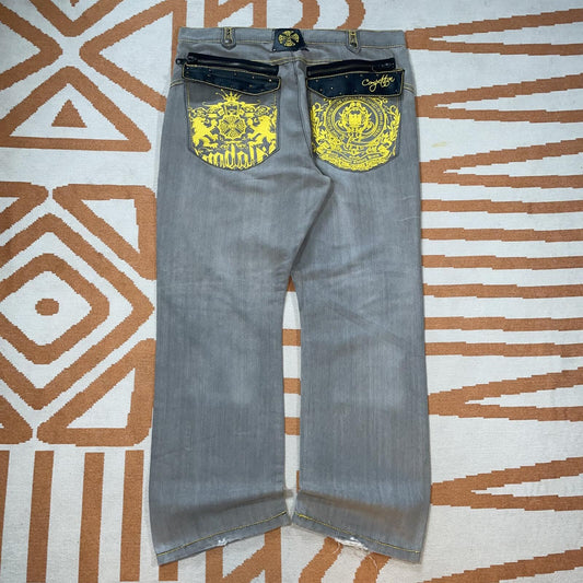 Competition 00s Embroidered Grey/Gold ‘Crests’ Baggy Jeans 40x32