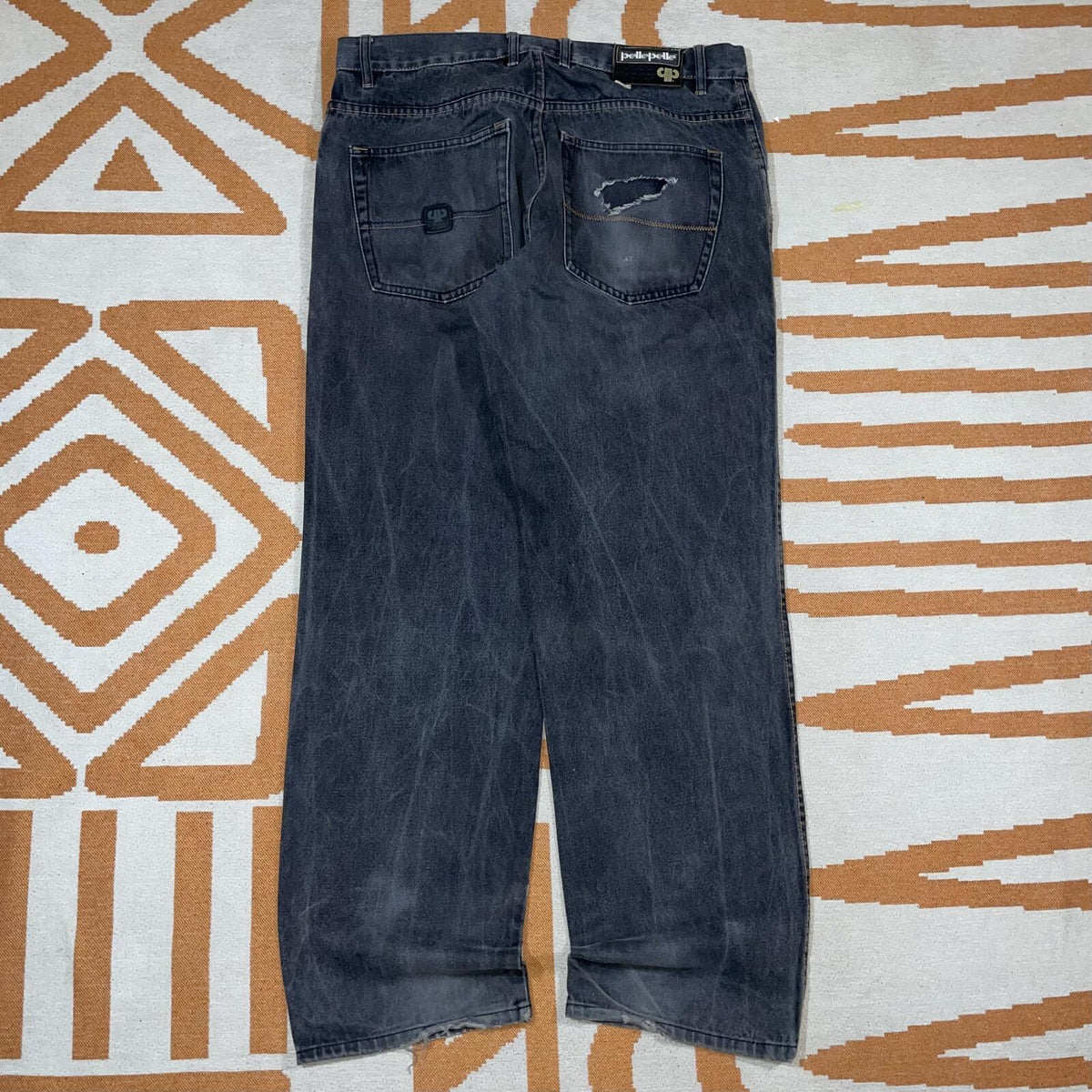 Pelle Pelle 00s Black Denim Leather Patched Jeans 36x34