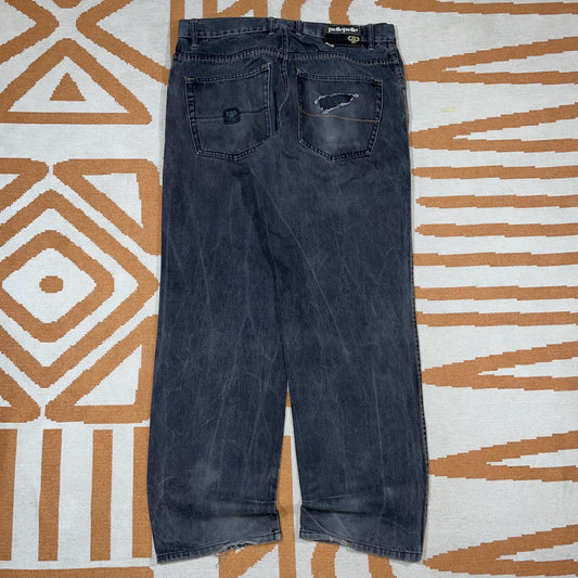 Pelle Pelle 00s Black Denim Leather Patched Jeans 36x34