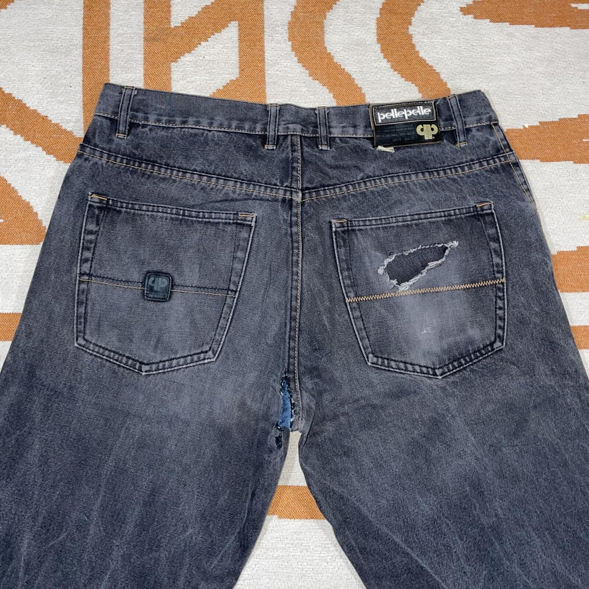 Pelle Pelle 00s Black Denim Leather Patched Jeans 36x34