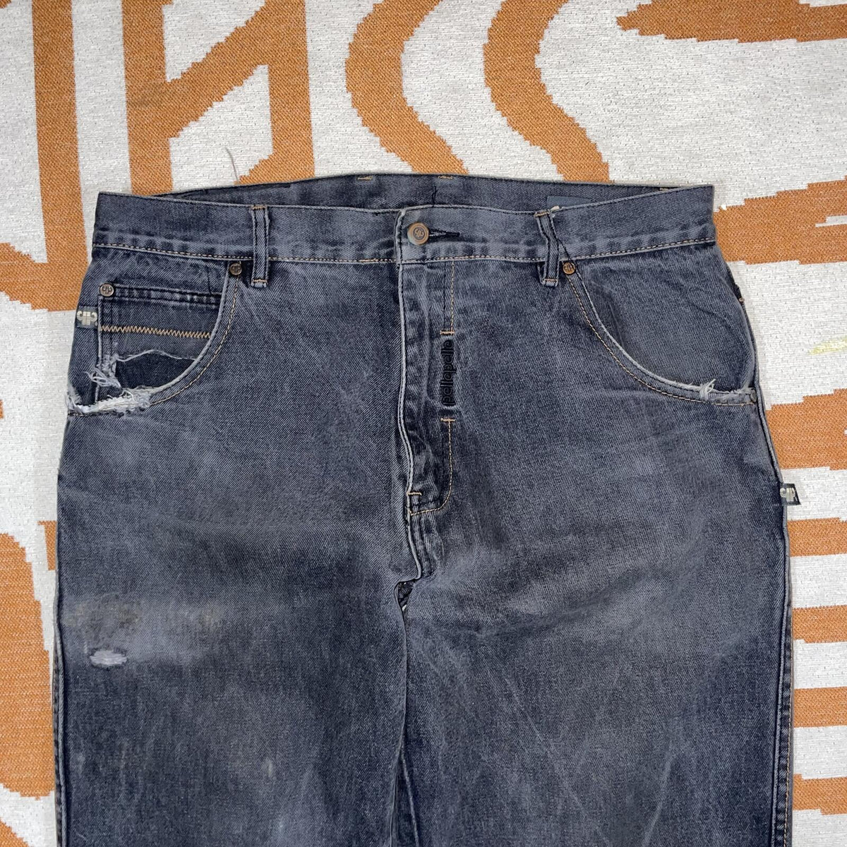Pelle Pelle 00s Black Denim Leather Patched Jeans 36x34