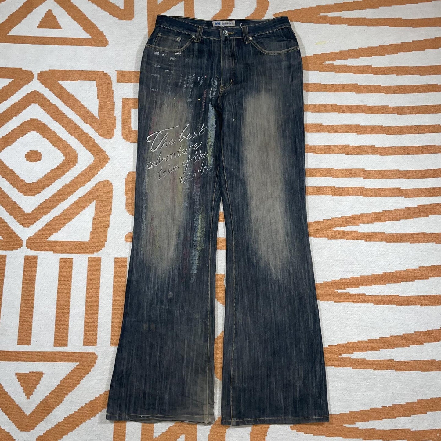 BM 00s Printed ‘Adventure’ Graphic Black Flared Jeans 32x34
