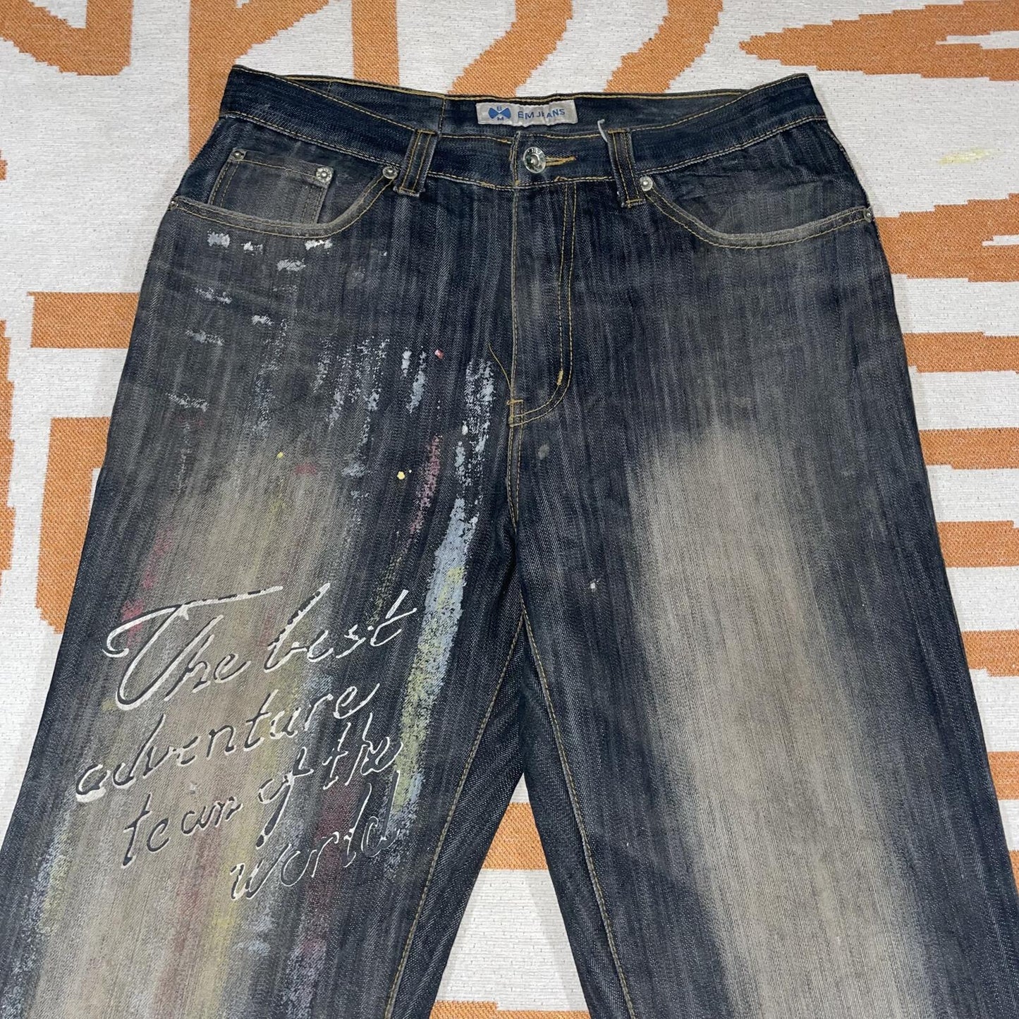 BM 00s Printed ‘Adventure’ Graphic Black Flared Jeans 32x34