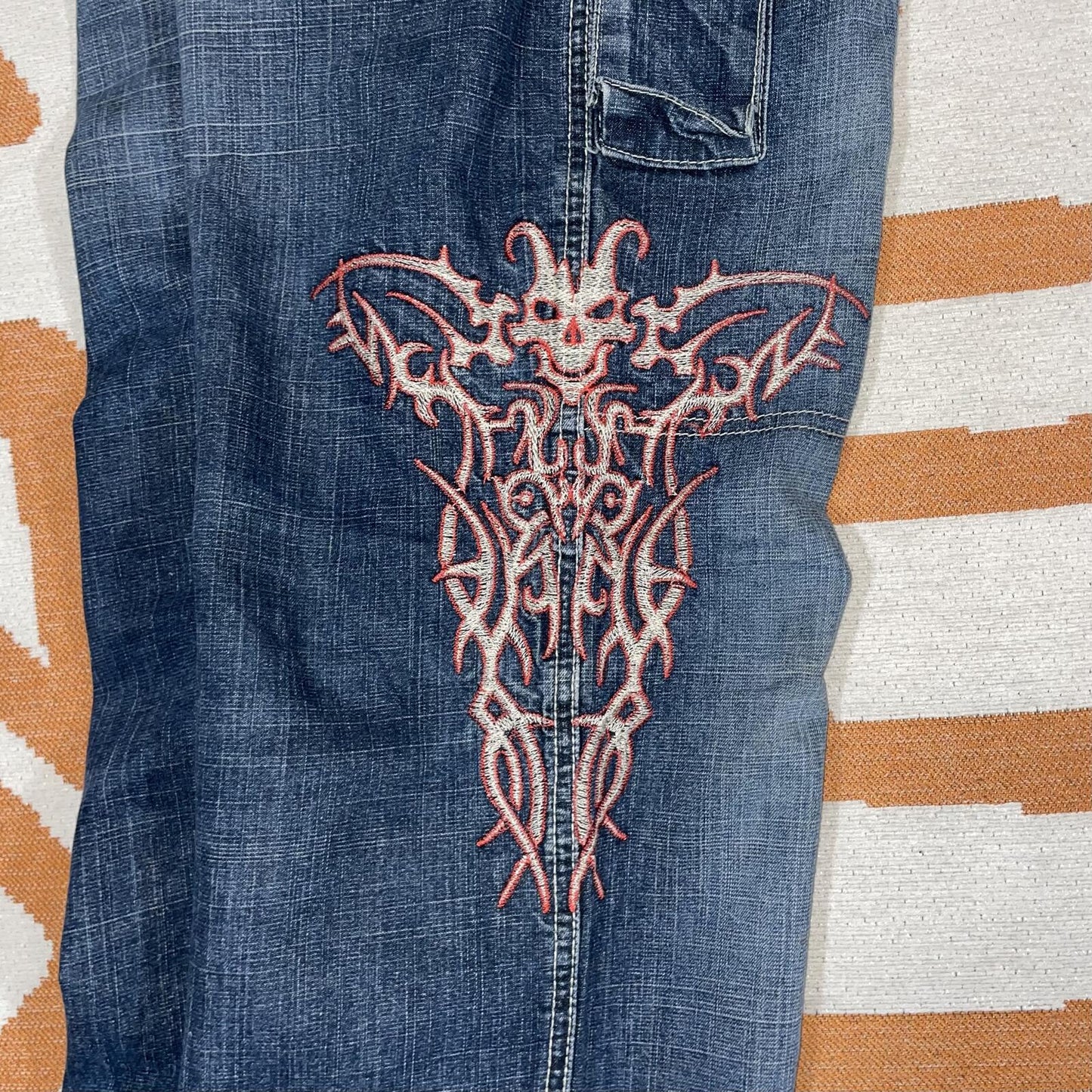 Femy Boy 00s Embroidered ‘Devil’ Tribal Loose Jeans 28-34x31