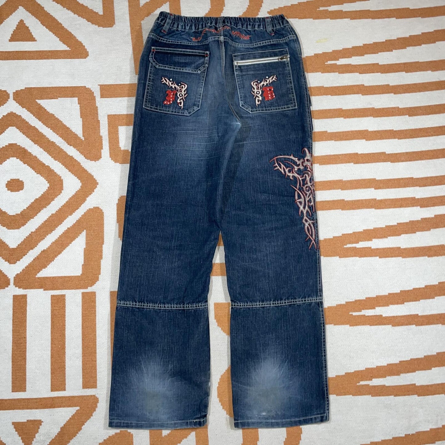 Femy Boy 00s Embroidered ‘Devil’ Tribal Loose Jeans 28-34x31