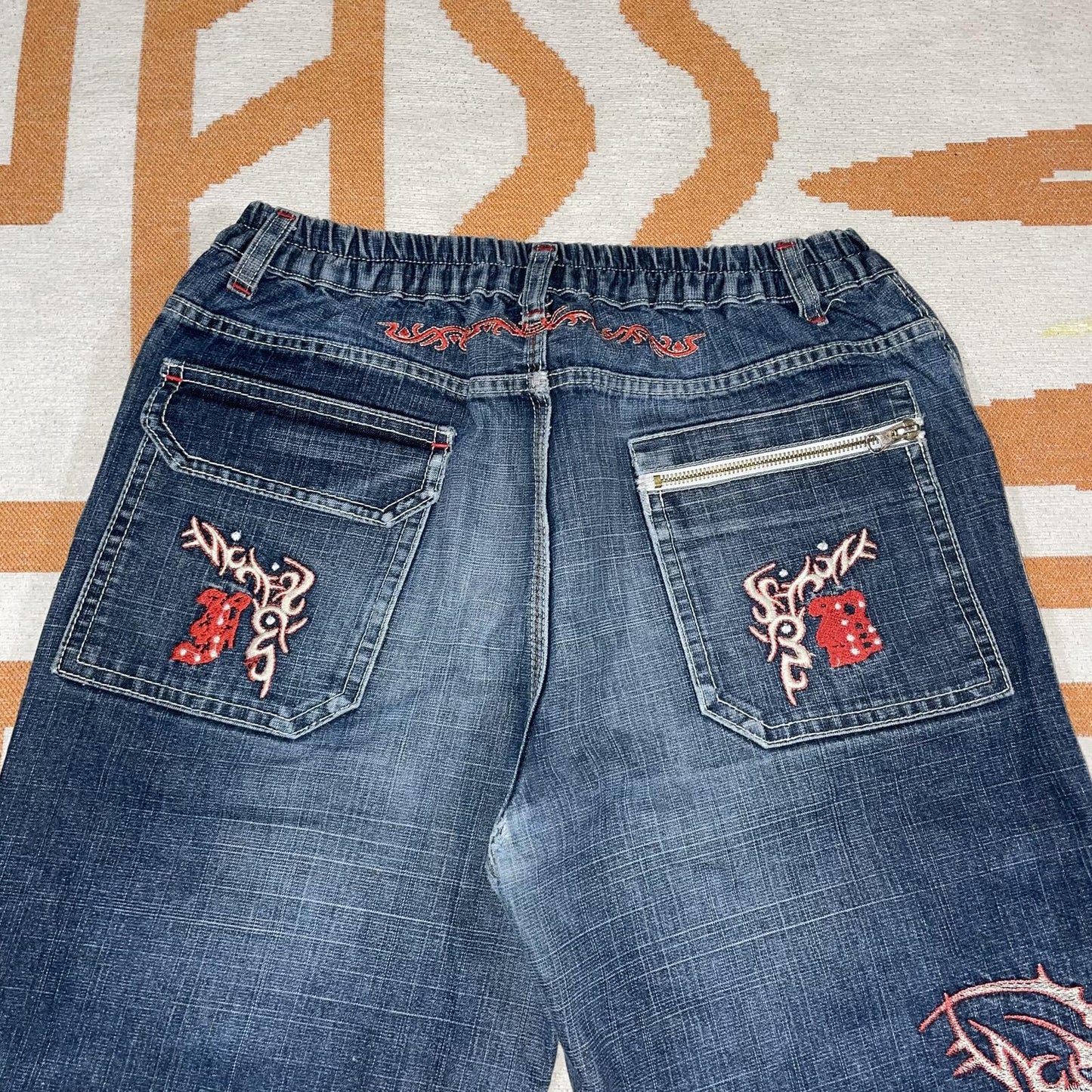 Femy Boy 00s Embroidered ‘Devil’ Tribal Loose Jeans 28-34x31
