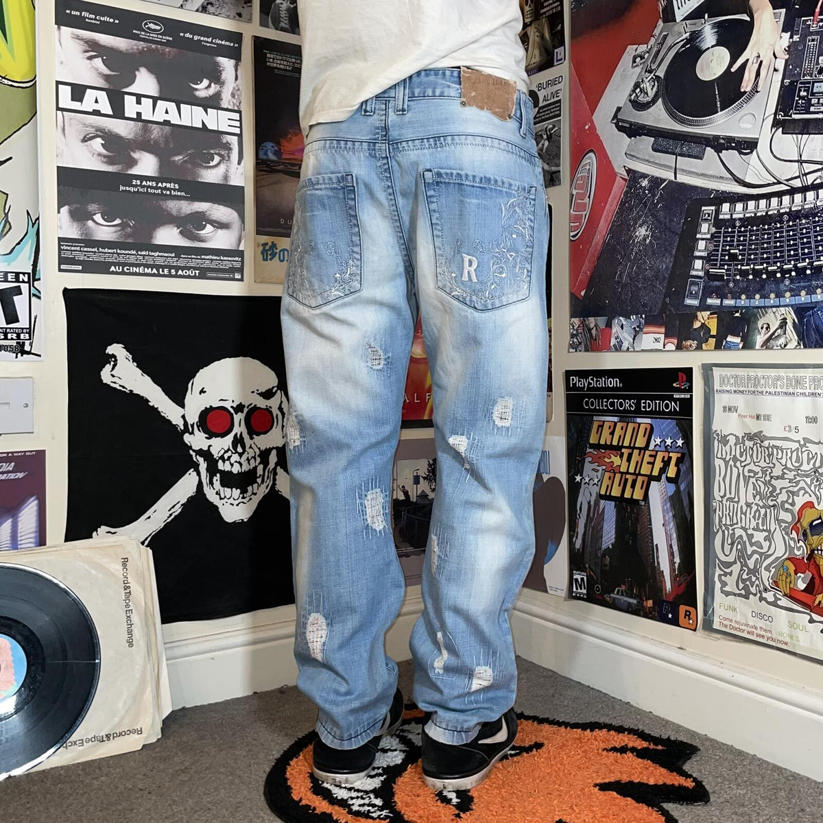 R-Ping 00s Patched/Embroidered Loose Denim Jeans 36x28