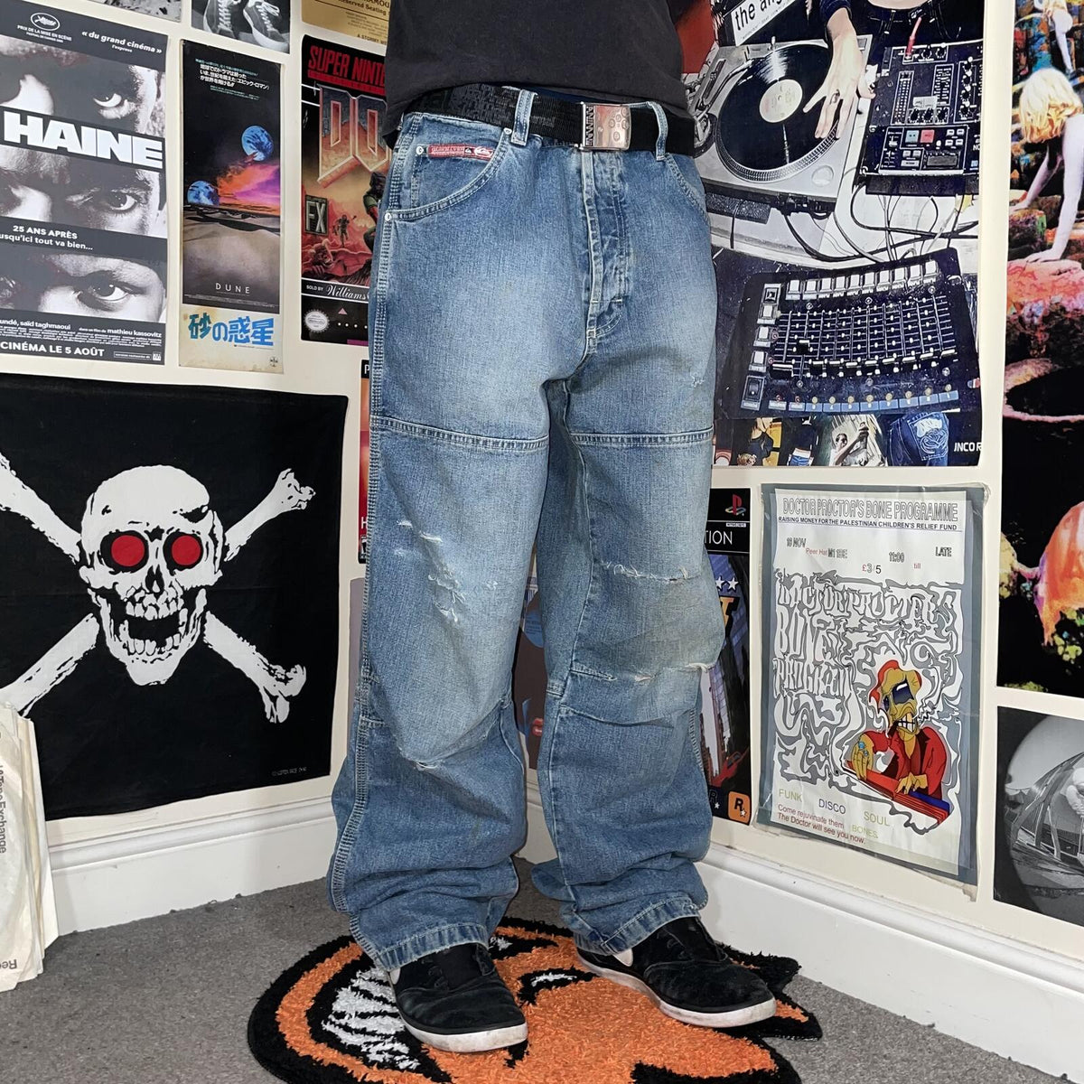 Quiksilver 00s Patched ‘Ranger’ Baggy Blue Jeans 34x35