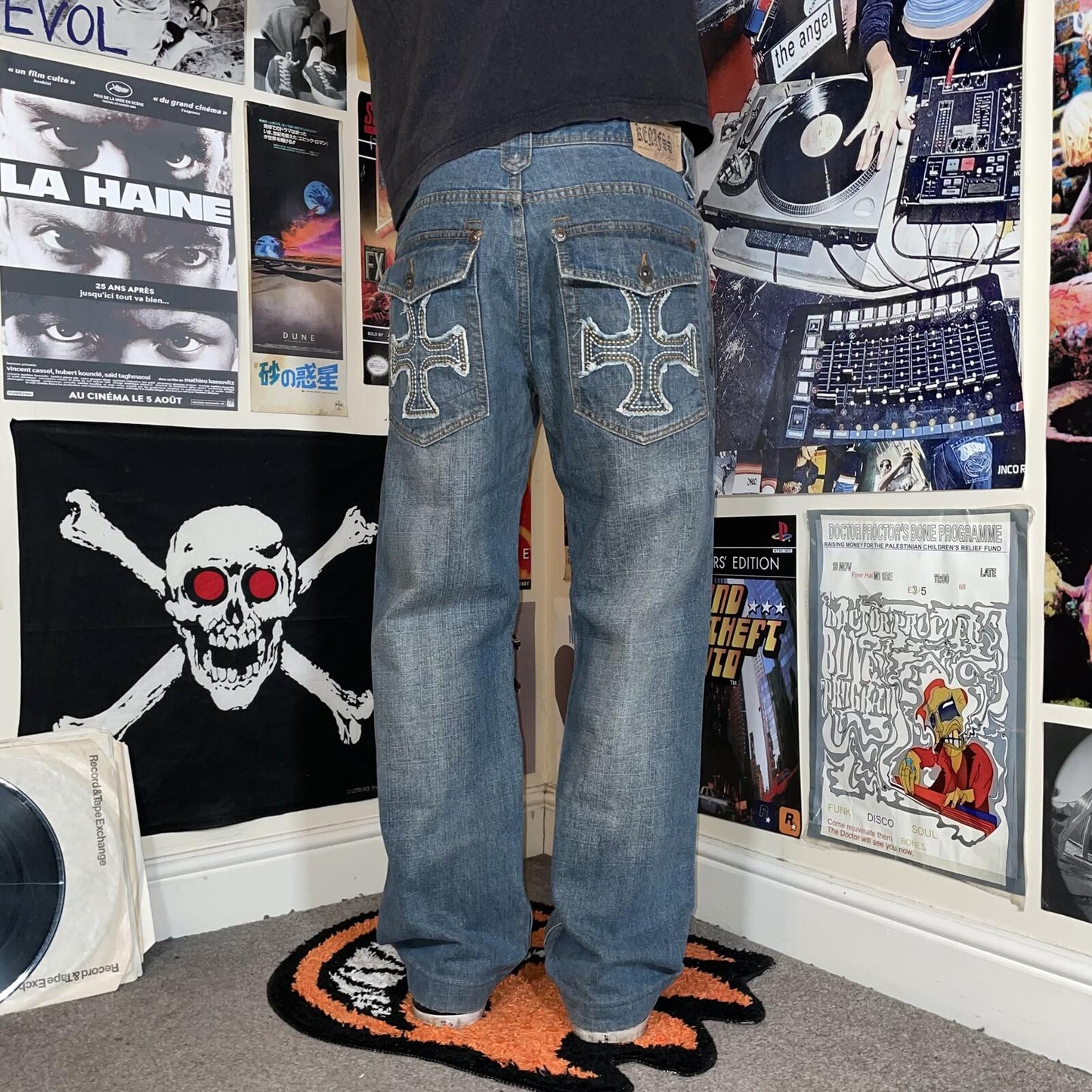 Kenafss 00s Embroidered ‘Cross’ Baggy Jeans 34x31