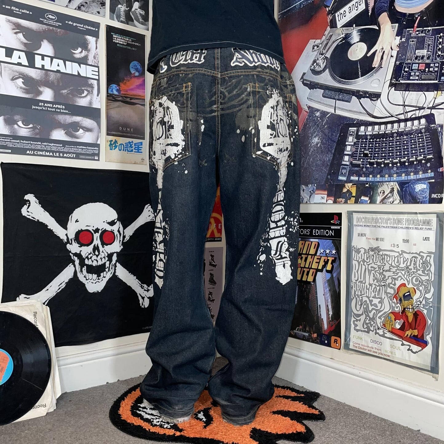 Raw Blue 00s Printed ‘Grind House’ Black Baggy Jeans 36x31