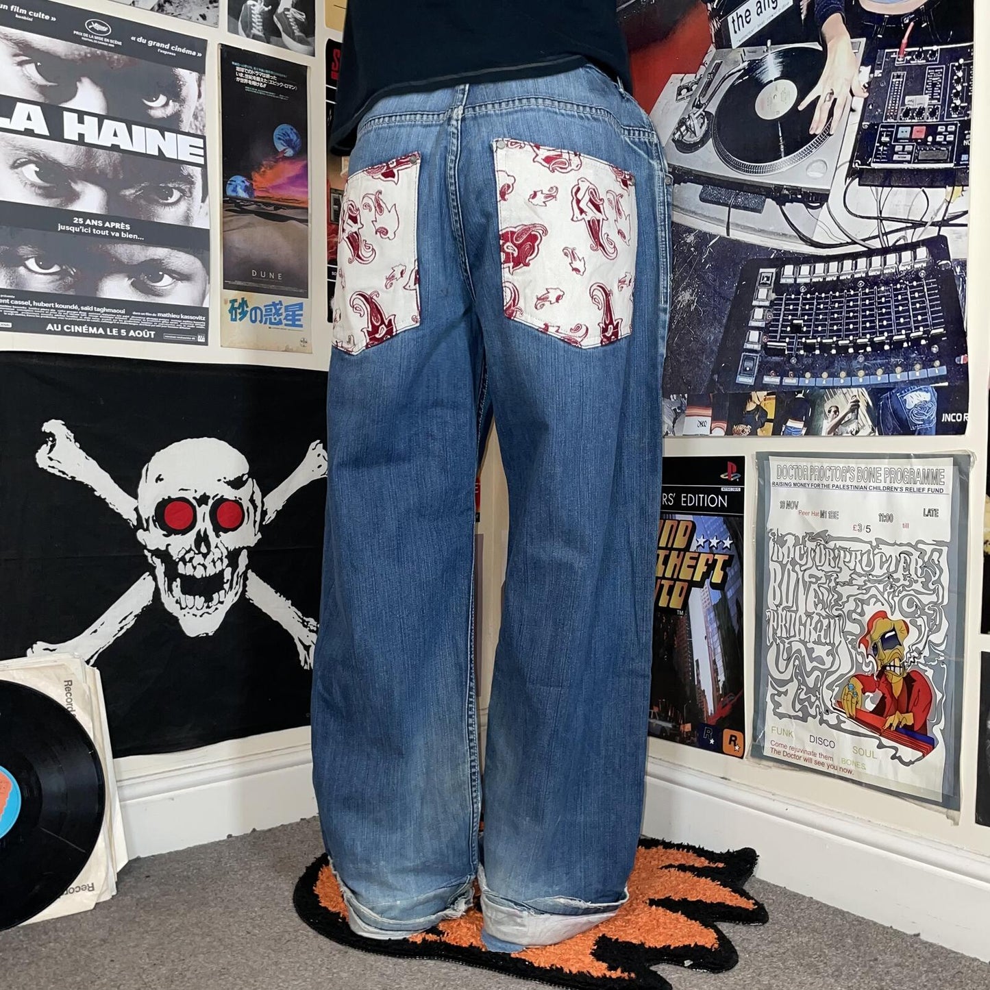 Karl Kani 00s Embroidered Paisley-Pattern Baggy Denim Jeans 36x32