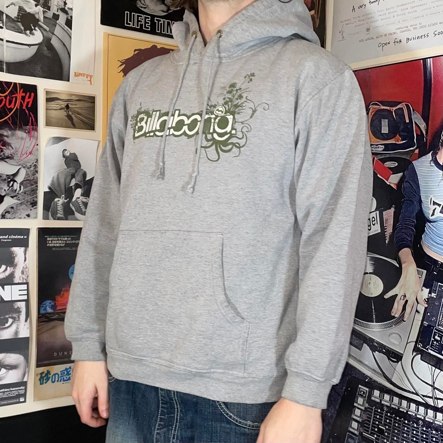 Billabong 00s Flora Spell-Out Graphic Grey Hoodie S