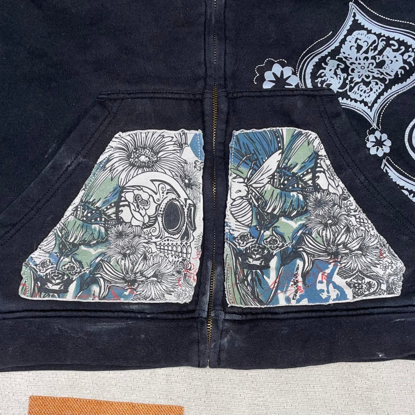 Billabong 90s Paisley Skulls Art Black Zip Hoodie L