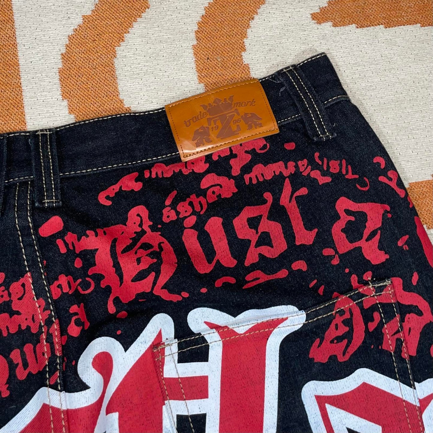 Townz 00s Printed Hustla Black Baggy Denim Jeans 38x30