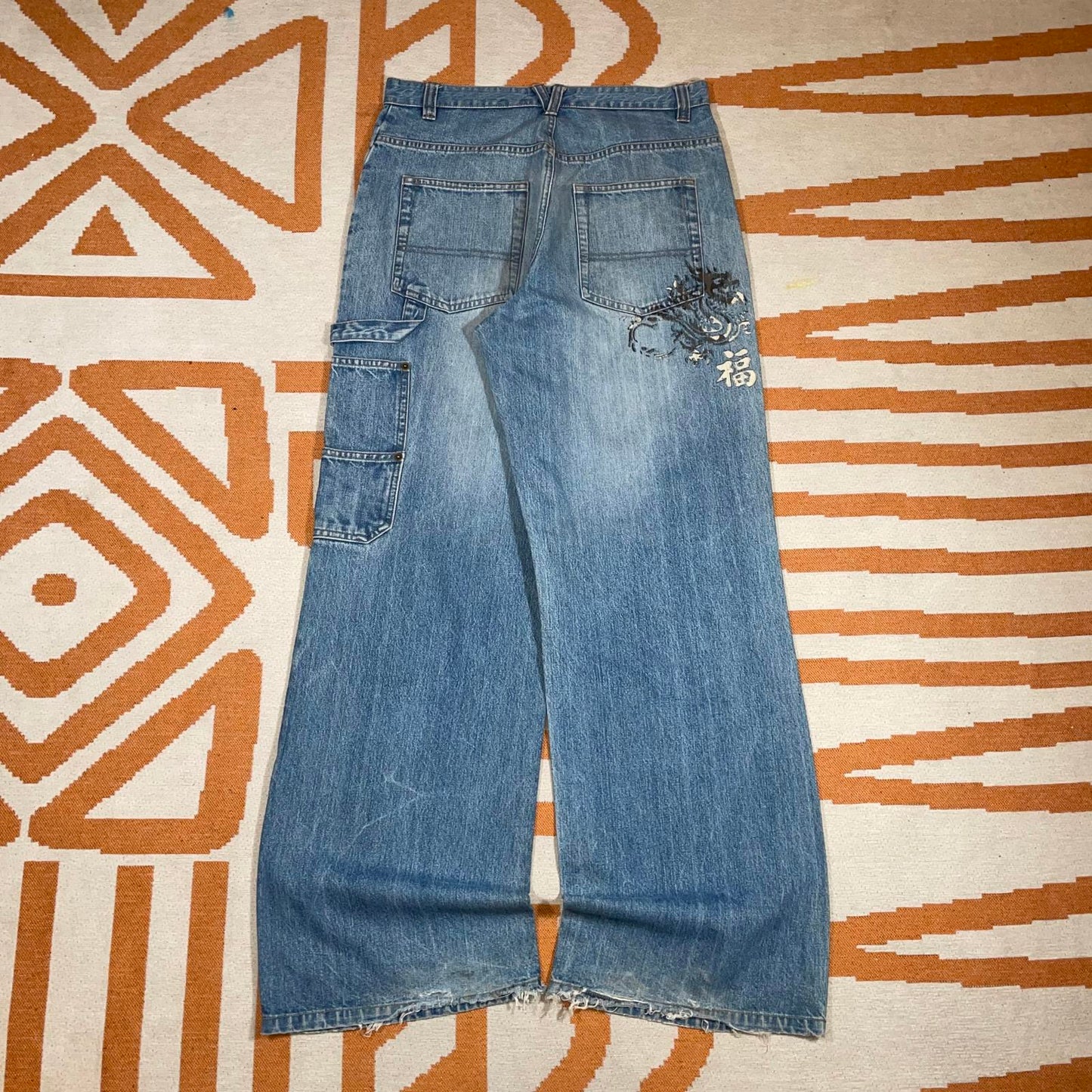 BHS 00s Printed Dragon Baggy Blue Jeans 30x32