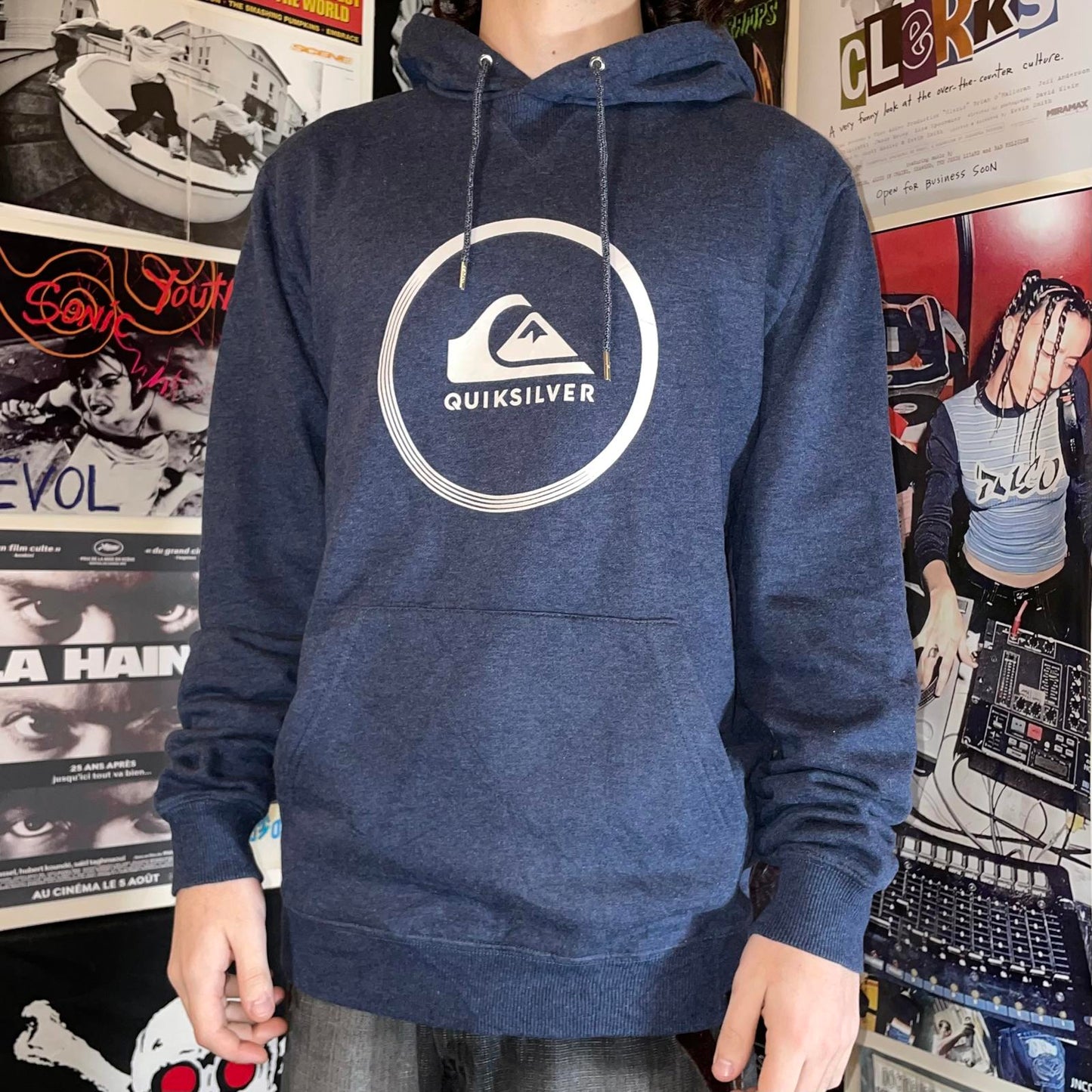 Quiksilver 00s Navy Logo Print Hoodie L