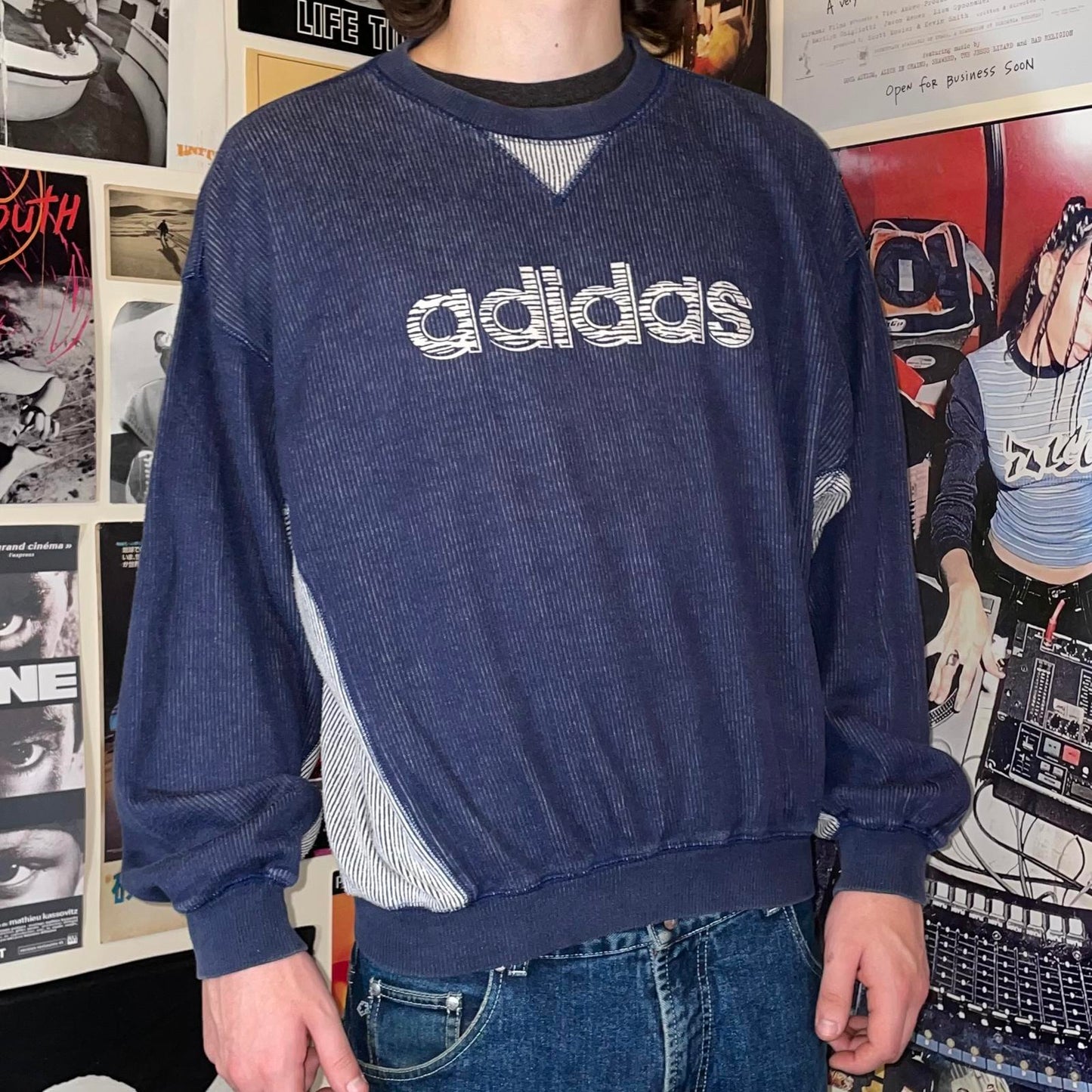 Adidas 90s Textured Print Navy Sweatshirt S