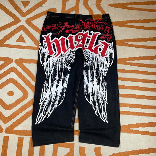 Townz 00s Printed Hustla Black Baggy Denim Jeans 38x30