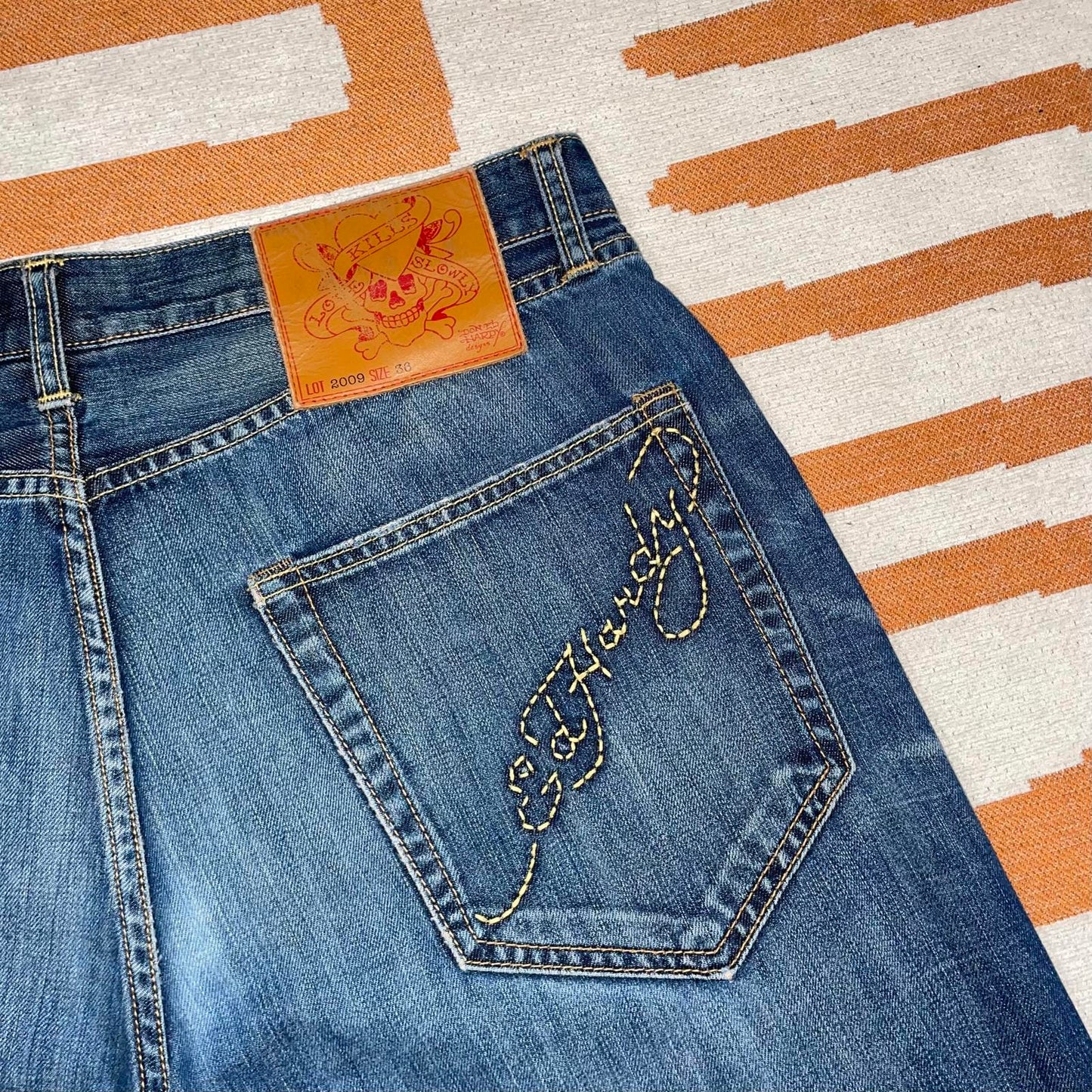 Ed Hardy 00s Embroidered Baggy Blue Denim Jeans 36x34
