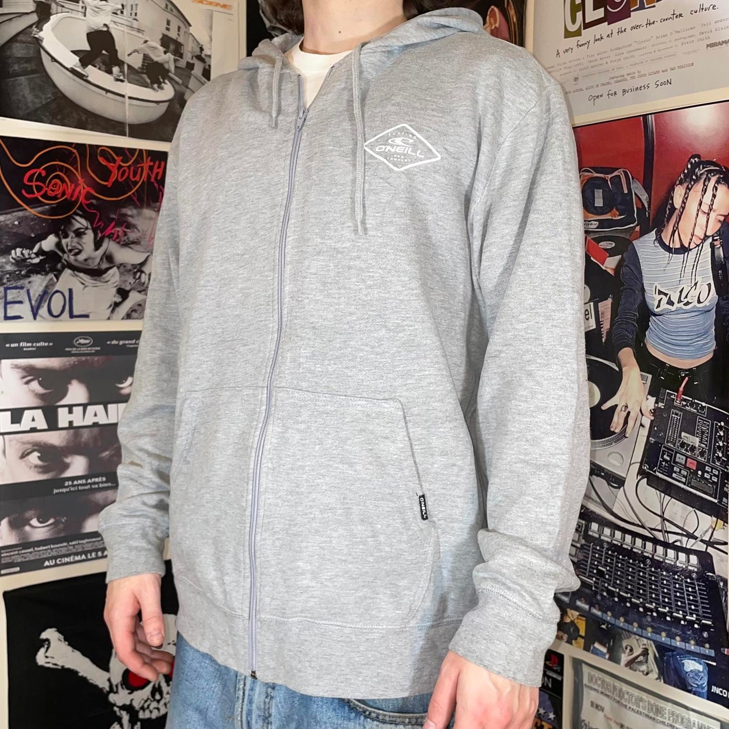 O’Neill 00s Graphic Surf Zip Grey Hoodie L