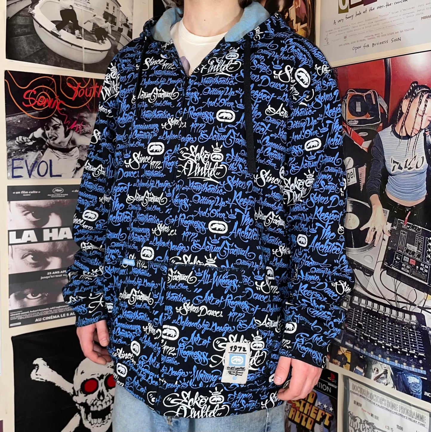 Ecko Unltd. 90s Handstyle Pattern Print Zip Black/Blue Hoodie XXL