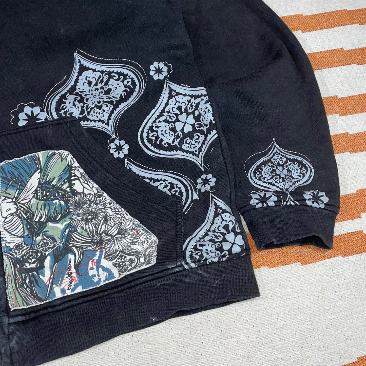 Billabong 90s Paisley Skulls Art Black Zip Hoodie L