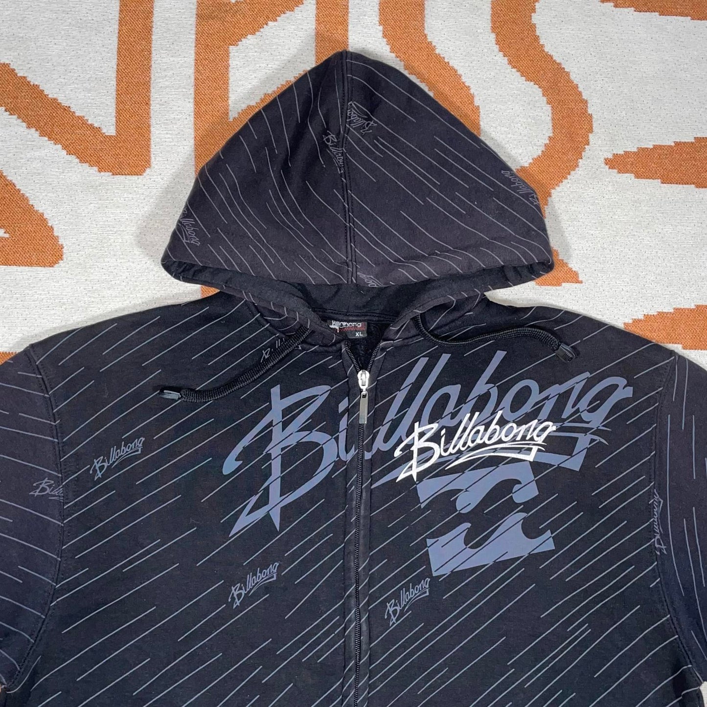 Billabong 00s Patterned Print Black Zip Hoodie XL