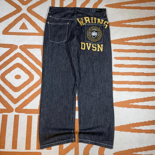 Wrung Division 00s Embroidered Baggy black Denim Jeans 36x32