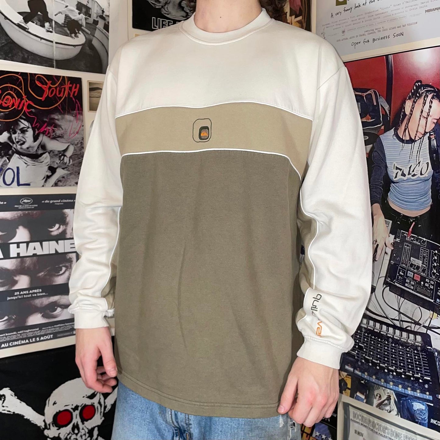 Quiksilver 00s Panelled Logo Khaki Sweatshirt L