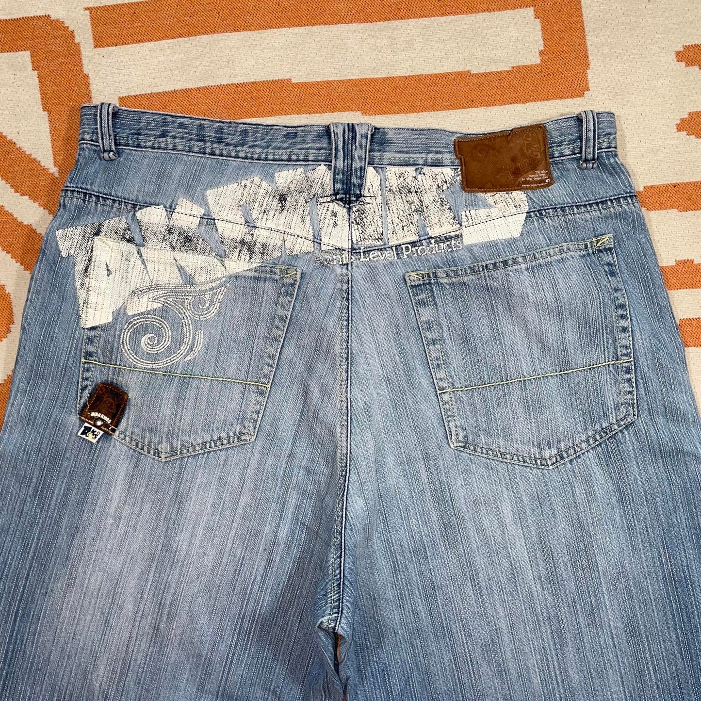 Akademiks 00s Printed ‘Warriors’ Baggy Blue Jeans 38x34