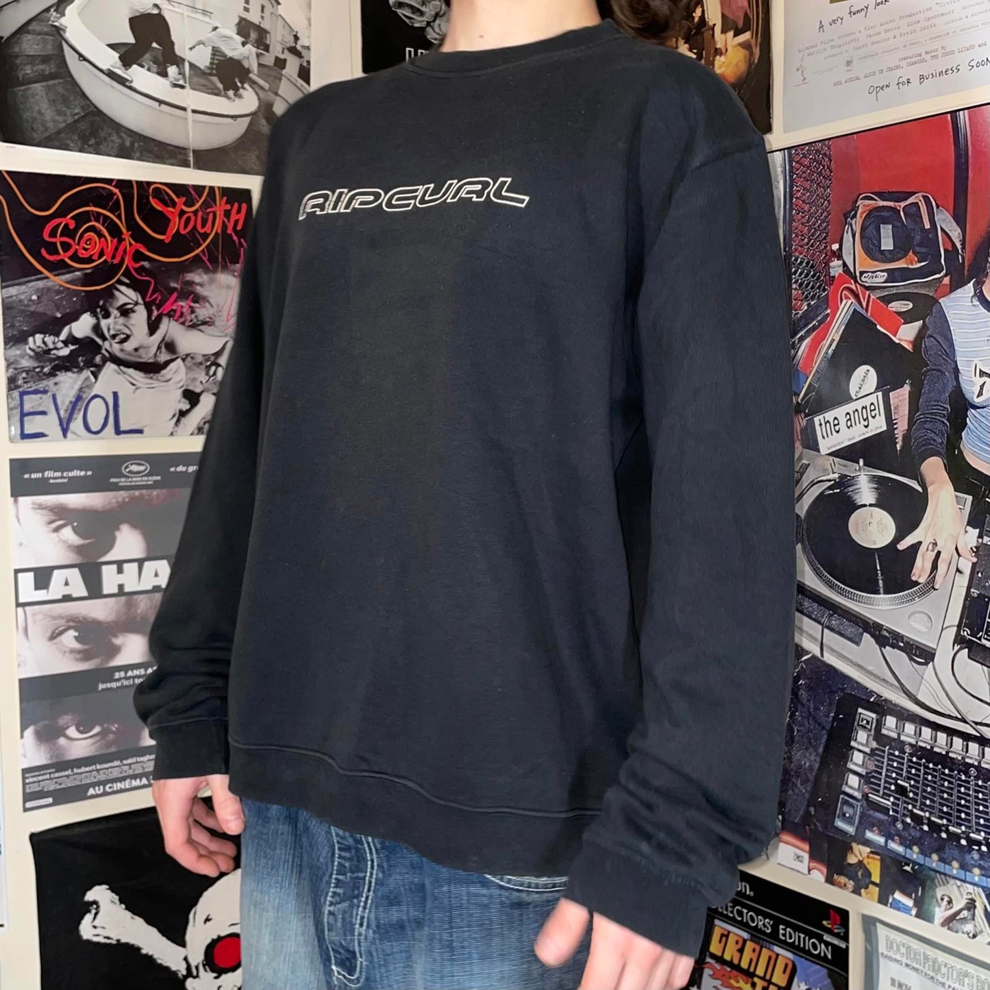 Rip Curl 90s Print Logo Black Sweatshirt L