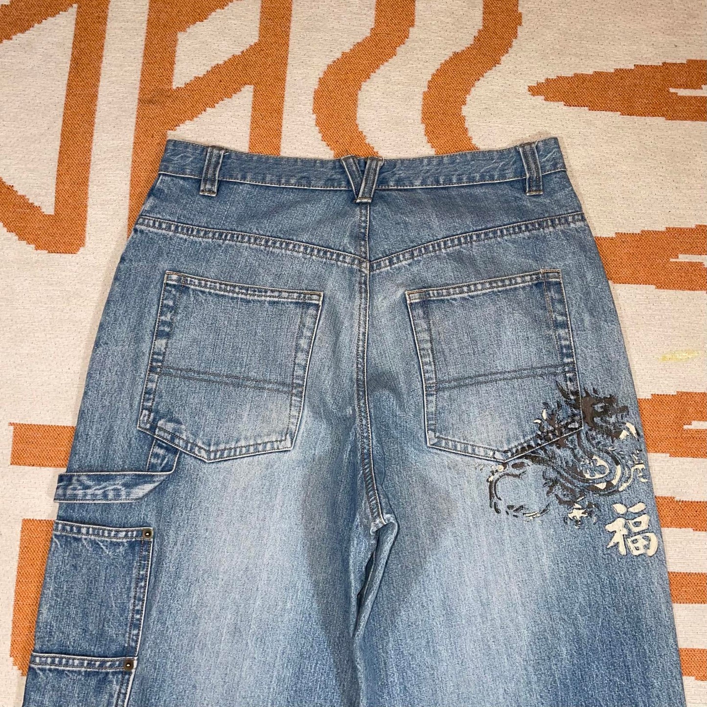 BHS 00s Printed Dragon Baggy Blue Jeans 30x32