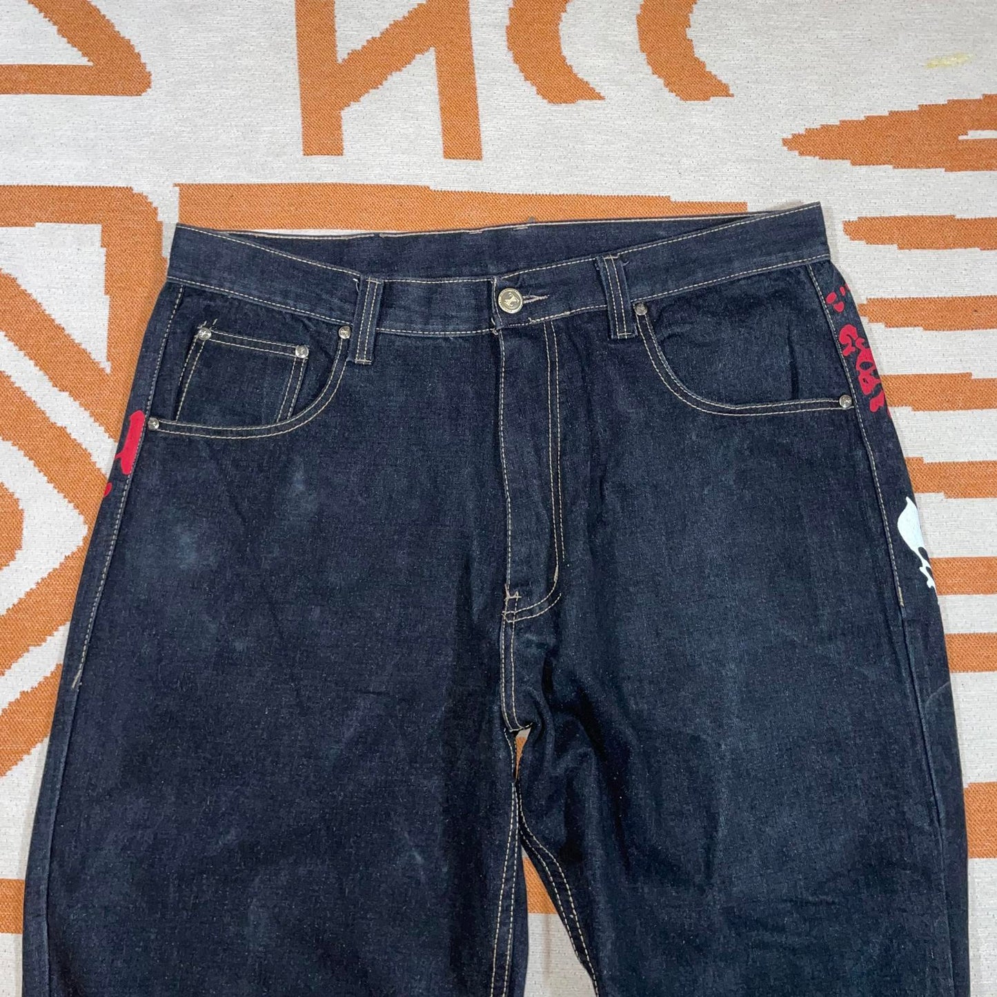 Townz 00s Printed Hustla Black Baggy Denim Jeans 38x30