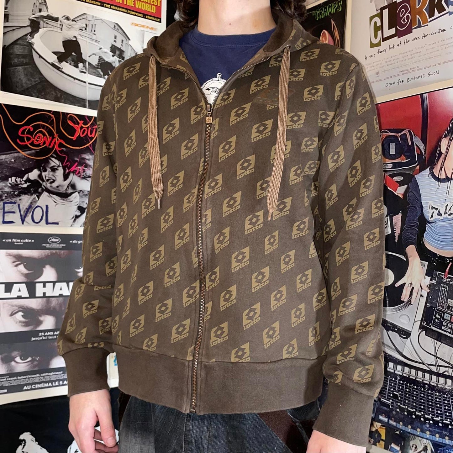 Lotto 00s Logo Pattern Brown Zip Hoodie L